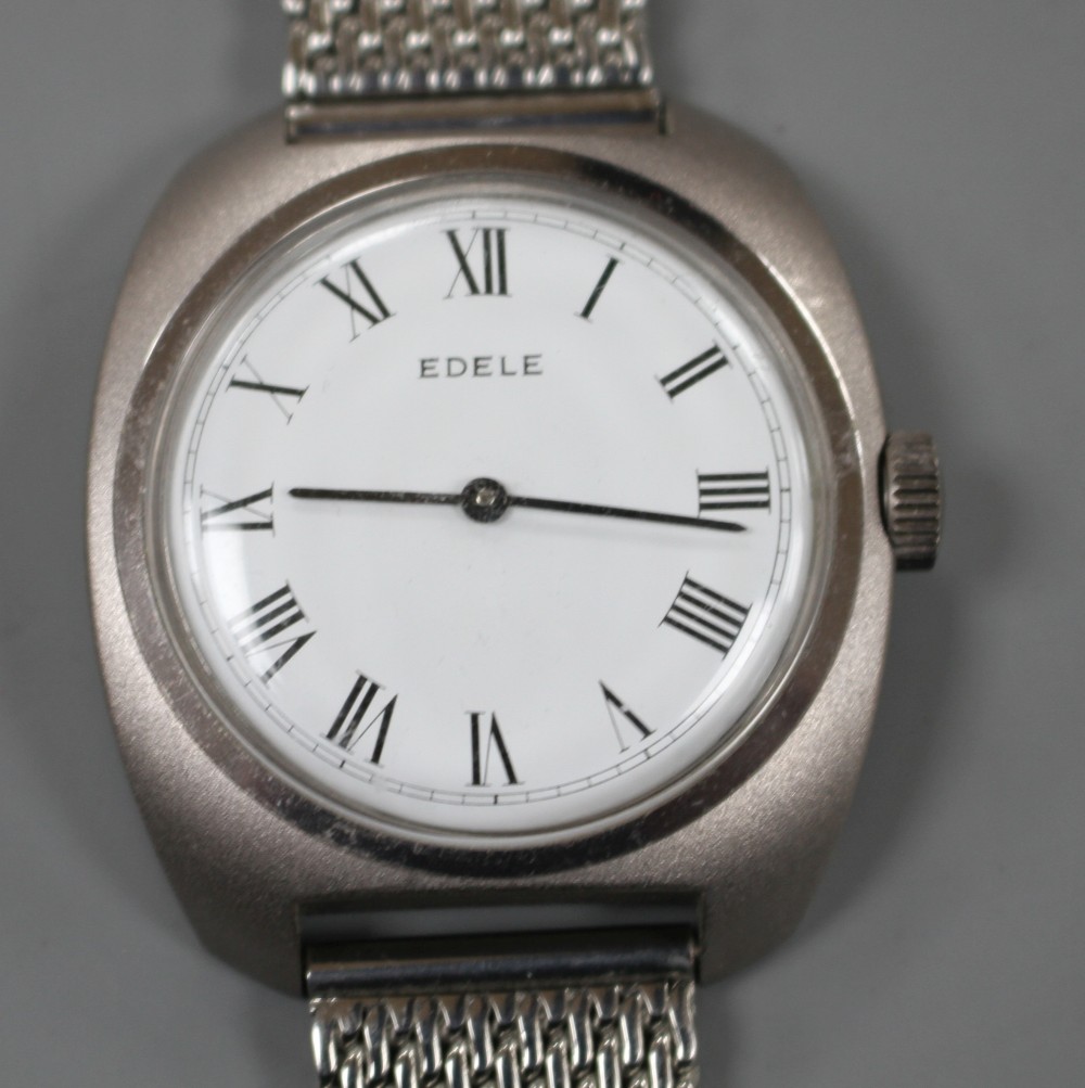 A gentlemans stainless steel Edele manual wind wrist watch, with Roman dial, on mesh link stainless steel bracelet.